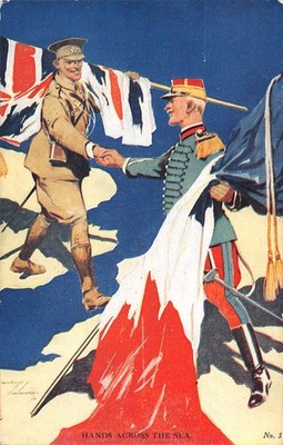 POSTKARTE MILITÄR WWI PATRIOTISCHE HÄNDE ÜBERS MEER