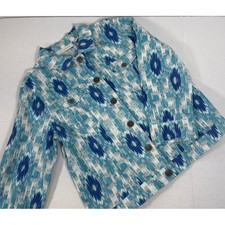Chicos Blue Ikat Linen Blend Button Up Jacket Metallic Boho Coastal Artisan Chic