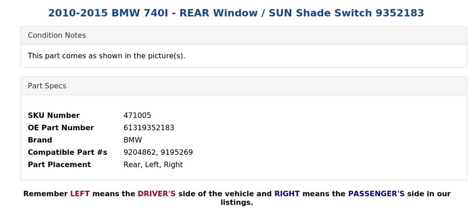 BMW 740I 2010-2015 - Interruptor de ventana trasera/parasol 9352183 Foto 4 de 4