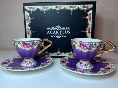 Acar Plus Türkei Türkisch Kaffee Teetasse Untertasse Paar Set Duo Lila/Gold Espresso