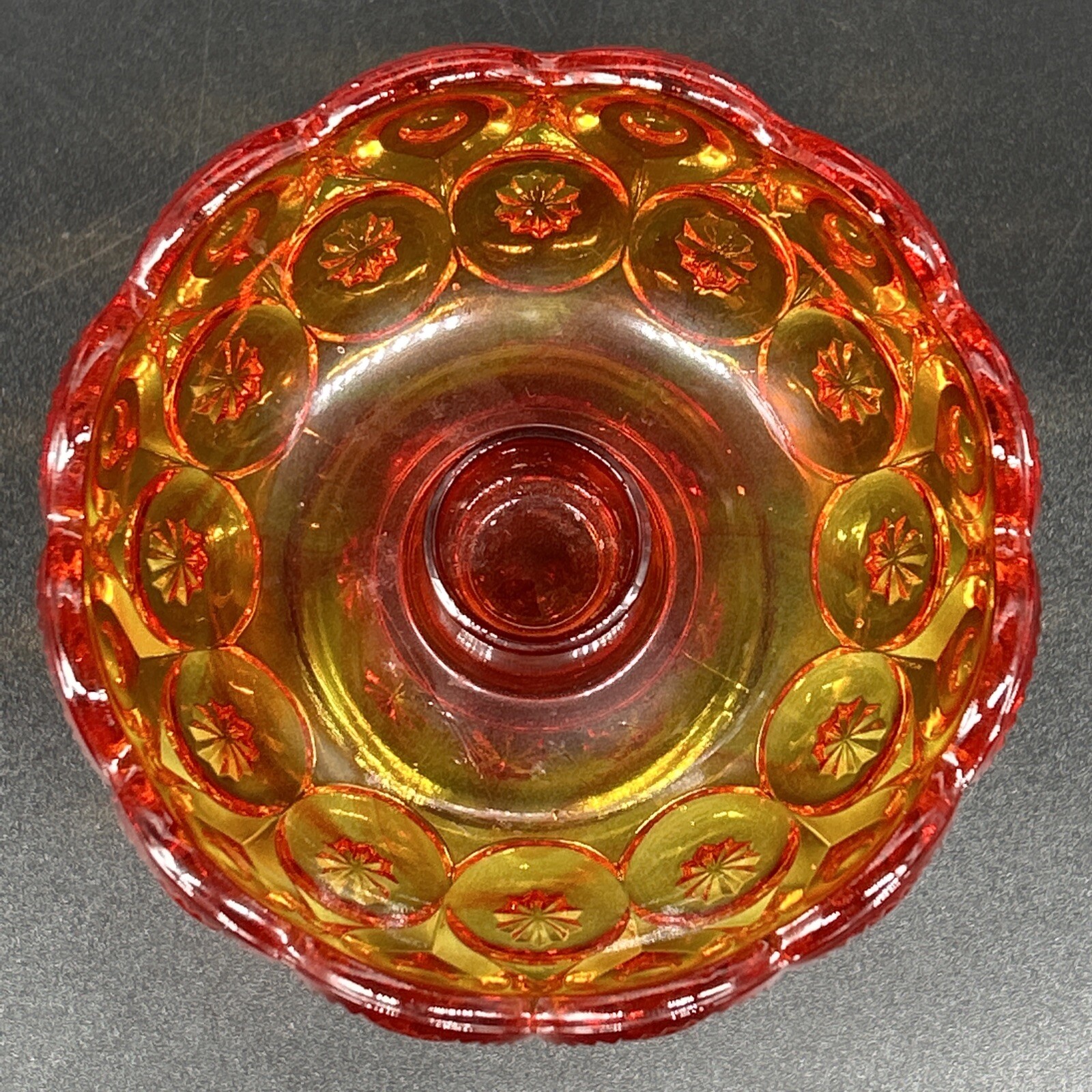 L.E. Smith Moon & Stars Ruby Red & Orange Amberina Candleholder Compote Bowl