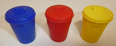 3 VTG 1970's Topps Garbage Trash Can Candy Gum Container Red, Yellow & Blue