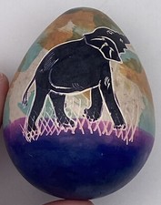 Hand-Carved in Kenya Alabaster Stone Egg African Elephant Safari (B)