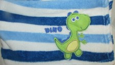 Baby Blanket Blue white stripes Dino green dinosaur yellow tummy light plush