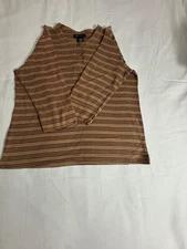 Denim & Co Women’s Brown Stripes 3/4 Sleeve Cotton Blouse Shirt Top Size Large 