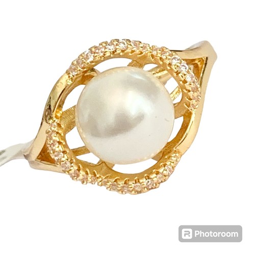 Art Deco Cubic Zirconia Pearl Cocktail Ring 14 kt Yellow Gold Plated Size 9 Faux - 第 2/17 張圖片
