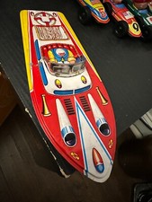 Vintage Large Tin L ITHO Toy Boat  OLD NEW STOCK " Made in Japan " Lucky Toy