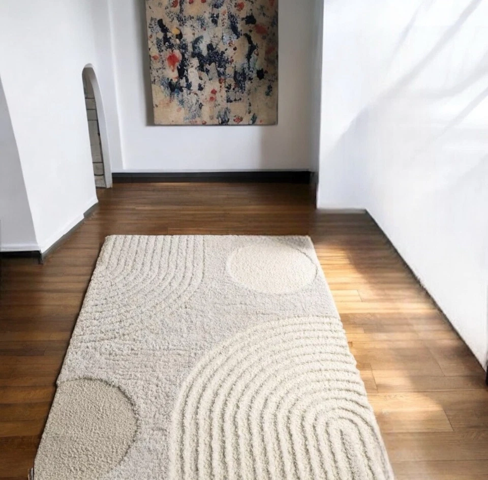 NEW West Elm White Cream Boho Tassel Geometric Shag Area Rug Carpet - 5' x 8' - Image 2 of 4