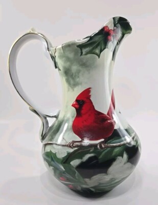 Hautman Brothers Cardinal Bird Holly Ounce Ceramic Pitcher Gold Trim  Jugs