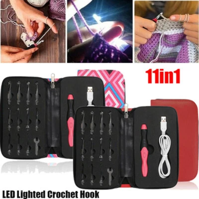 WANOCEAN 11in1 LED Lighted Crochet Hook Knitting Needles Set USB Rechargeable Weave Tool