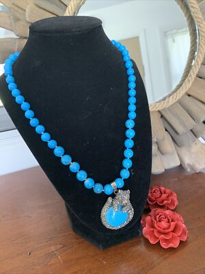 Blue Turquoise Magnesite Beaded Necklace & Ruby Marcasite SS Tiger Pendant