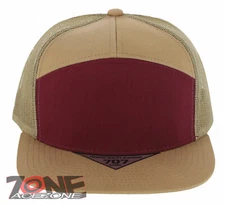 7 PANEL FLAT BILL SNAPBACK TRUCKER BASEBALL CAP HAT TAN BURGUNDY