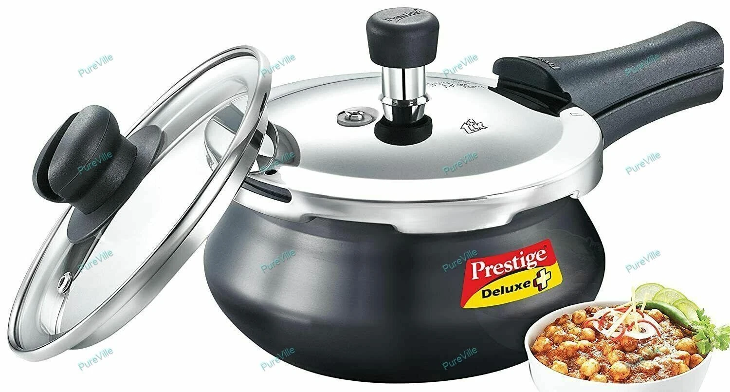 Prestige Deluxe Duo Plus Induction Base Aluminium Print Cooker, 1.5Litres Black