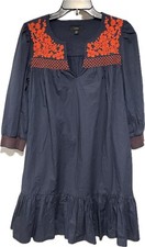 J CREW Leda Embroidered Popover Dress Ruffle Hem Navy Blue Orange Boho Size XXS
