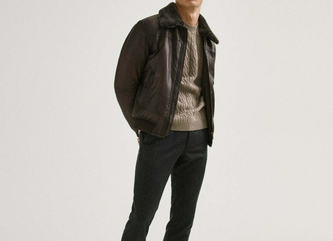 MASSIMO DUTTI man FW Leather jacket with lambskin collar XXL