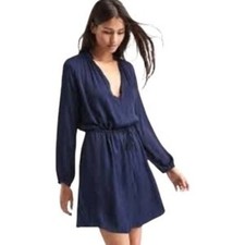 GAP Navy Long Sleeve Drawstring Waist Shift Dress XS V-Neck Lined