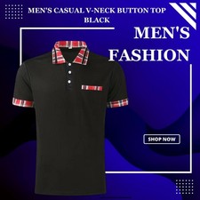 XL - Men's Casual V-Neck Button Top - BLACK