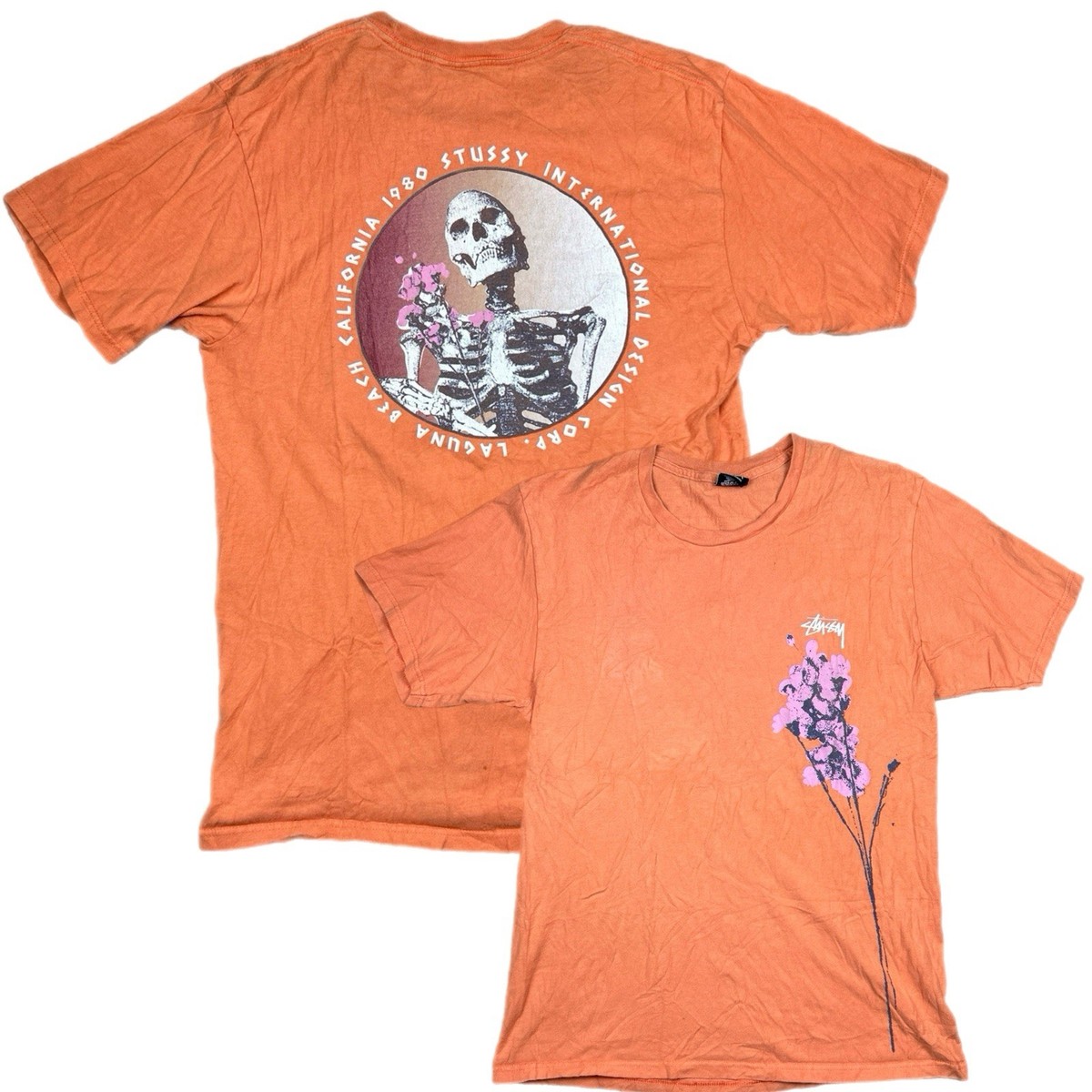 Stussy T-Shirt Mens Size Medium Dead Flowers Orange Mexico Made