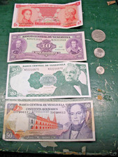 VENEZUELA BANK NOTES  5 -10 -20 -50 BOLIVARES  &   3 COINS  1970 s