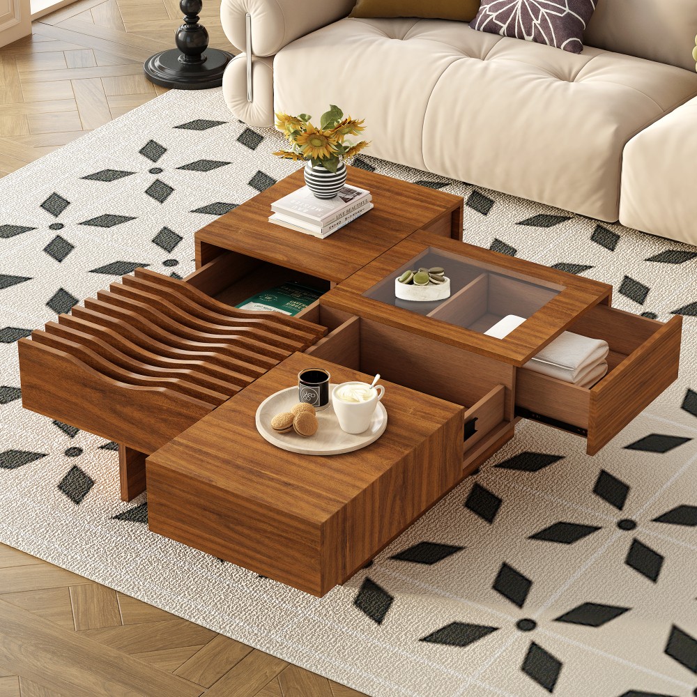 Coffee table with 3 drawers, tempered glass tabletop with solid wood legs