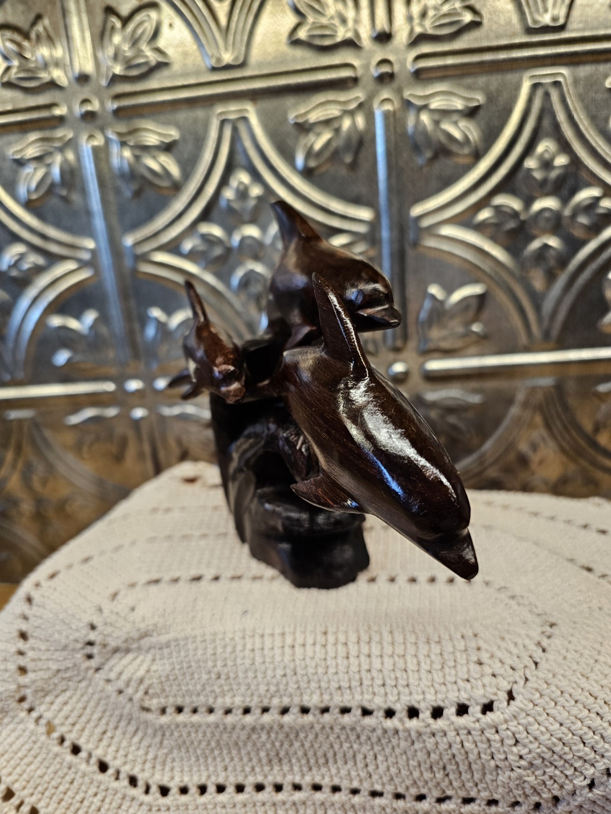 Trio Of Dolfins Riding A Wave, Ironwood Statue