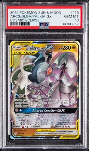 2019 POKEMON SUN & MOON COSMIC ECLIPSE #156 ARCEUS & DIALGA & PALKIA GX PSA 10