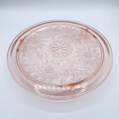 Vtg Jeanette Pink Depression Glass Sunflower Cake Plate 30s Floral Pattern 10"