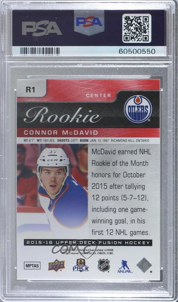 2015 Upper Deck Fusion Rookie Achievements Connor McDavid #R1 PSA 10 GEM MT RC view 2