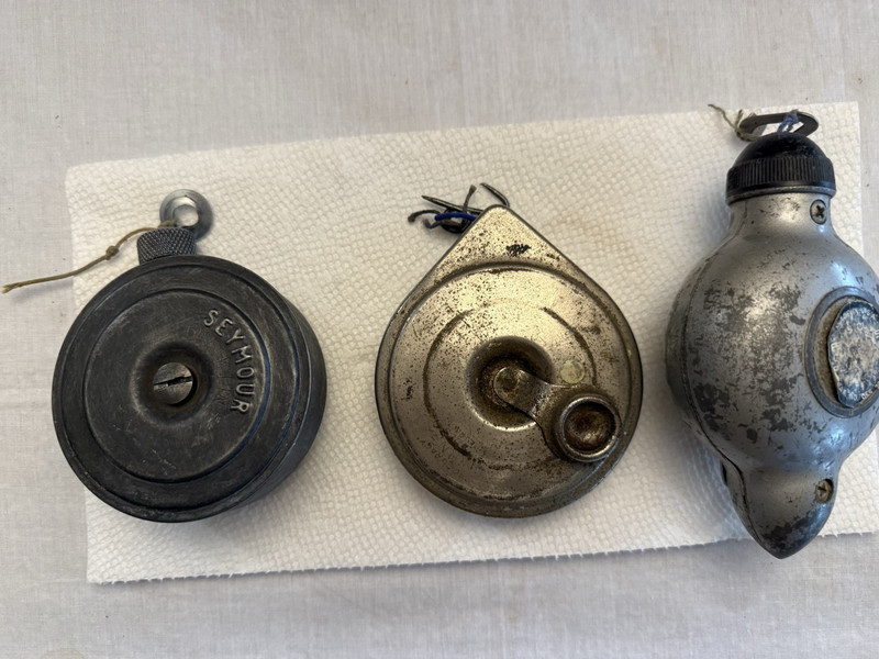 (3) Vintage Chalk Line's/ Plumb Bob'  Evans, Seymore & Accuracy  Warner  USA