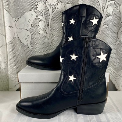 NWT Girls Size 5 Black Western Cowgirl Boots White Stars Faux Leather Zip