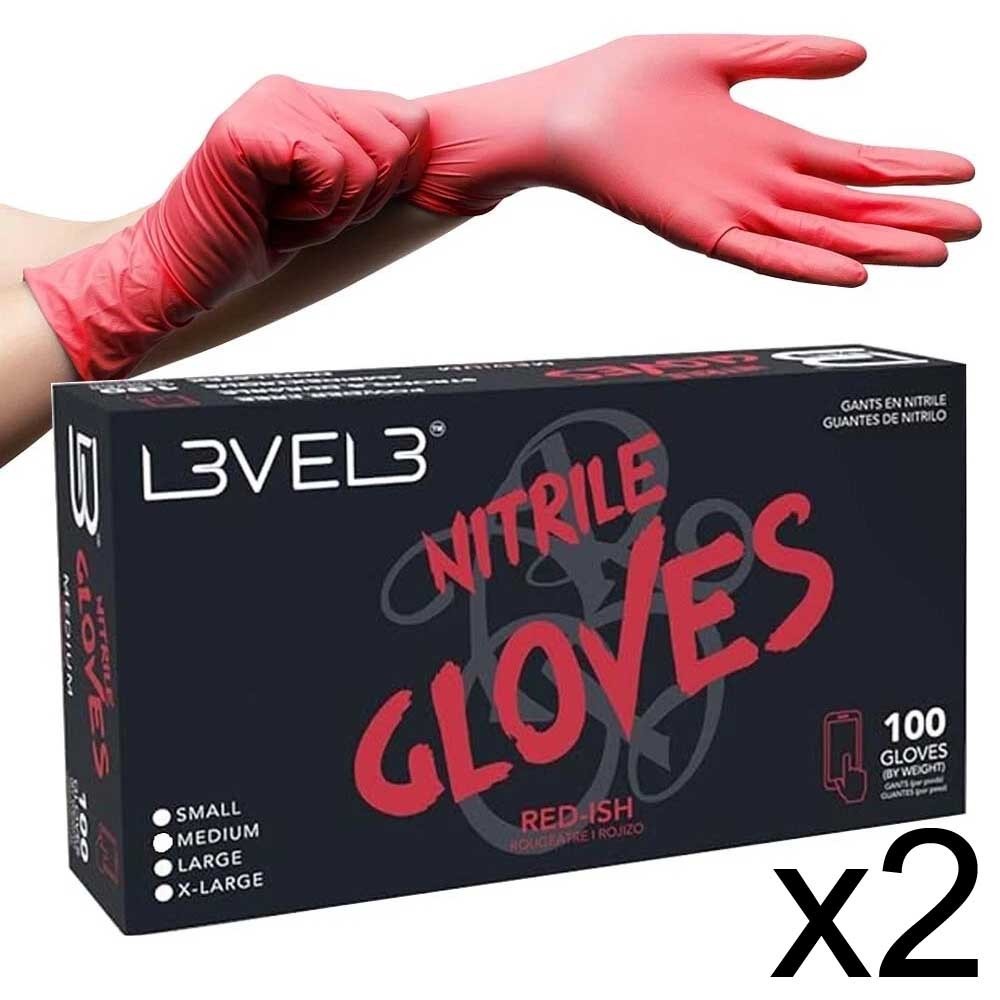 BARBER SALON L3VEL3 HAIR NITRILE DISPOSABLE GLOVES MEDIUM 100 PC RED 2 PACK