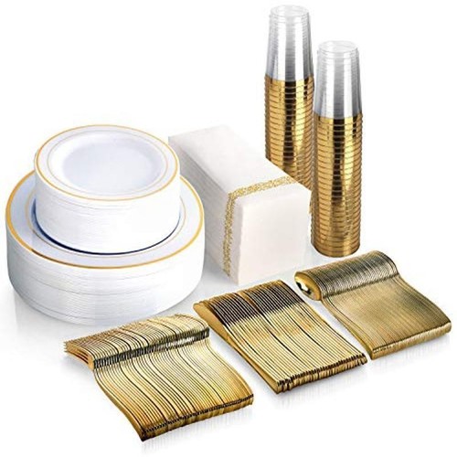 Gold Disposable Dinnerware Set 350 Pieces Weddings Parties Events 50 Guests New - Picture 2 of 8