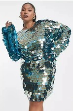 BNWT 24 ASOS DESIGN STACKER DISC SEQUIN EVENING  PARTY DRESS GOLD AQUA NEW £135