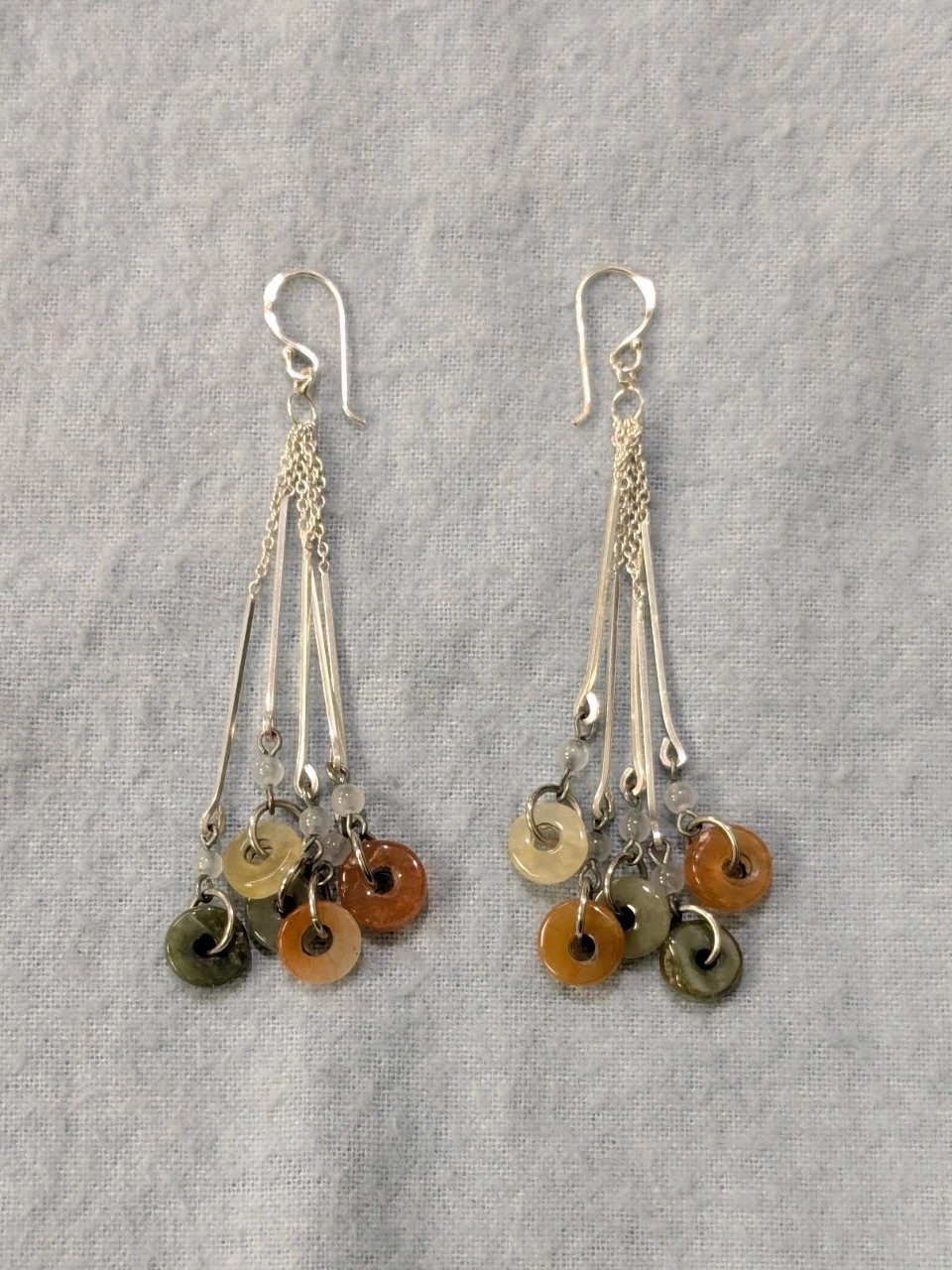 Sterling Silver Multicolor Jade Disk Dangle Earri… - image 1