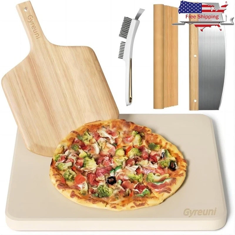 Large Pizza Stone Set 16x14 inch W/ Oak Paddle Cutter 3in1 Brush Oven Grill New