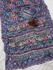 Women's Dark Blue Chinon Silk Printed Mirror Work Saree with Unstitched Blouse