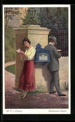 artist postcard signed Gd. P. v. Erlang: mailbox duet 