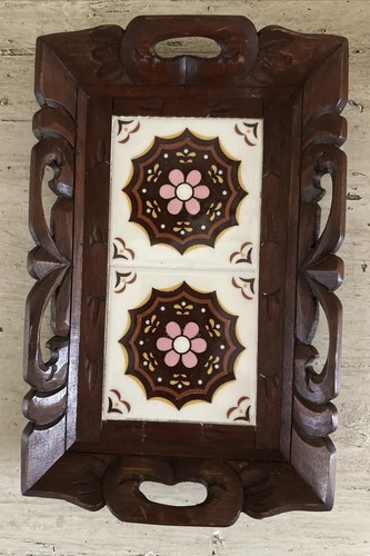 VTG Orion Monterrey Mexico Tile Tray Carved Wood Serving Tray Trivet Pink Brown