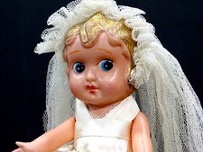Vintage CELLULOID Jointed KEWPIE FACE BRIDE DOLL in Wedding Dress OCCUPIED JAPAN