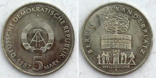 DDR 5 Mark 1987 Neusilber Stgl. Berlin Alexanderplatz