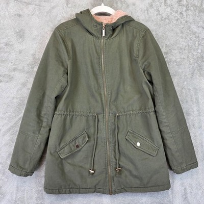 Guess Jacket Womens Small Green Hooded Parka Coat Faux Fur Lined Utility Zipper