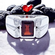 Garnet Emerald Cut Gemstone With 925 Sterling Silver Ring For Men's 512