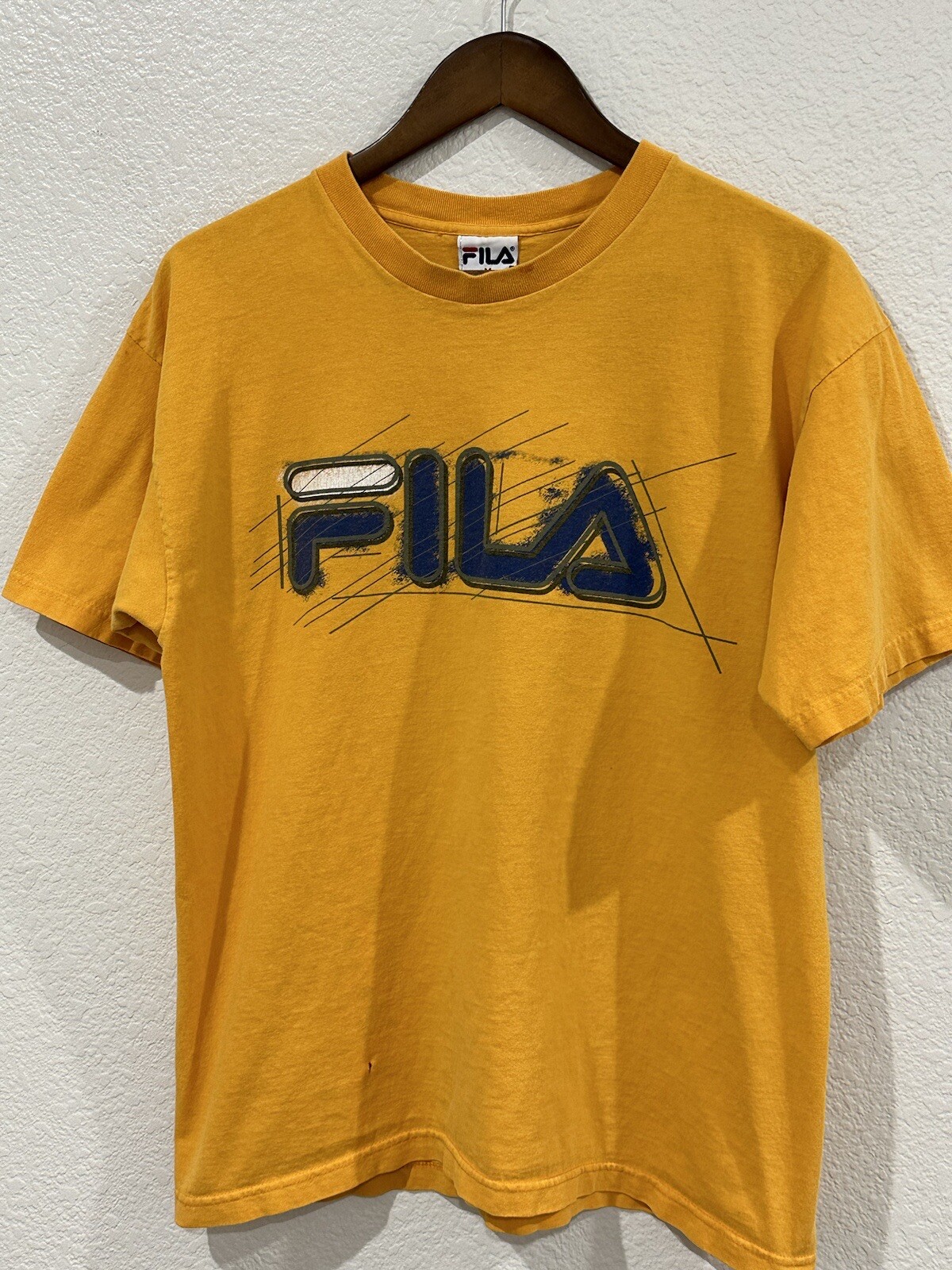 Camicia Fila VINTAGE Adulto Medio Arancione Manica Corta Grafica Logo Maglietta Uomo anni '90