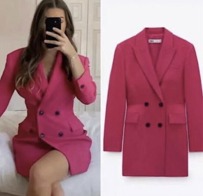 zara pink coat dress ZARA NEW WOMEN Fuchsia PINK Long Blazer Dress Frock Coat Jacket 2422/628 XS  S M