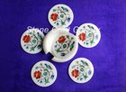 White Marble Coaster set semi precious stones handmade Inlay Work