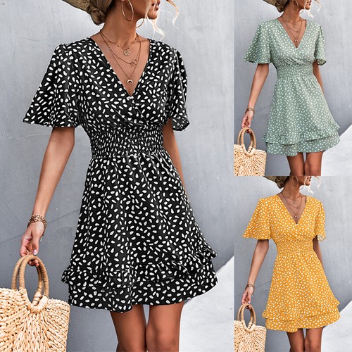 Women Slim Fit Sundress Ladies Travel Short Tie V Neck Waist Dress Dresses