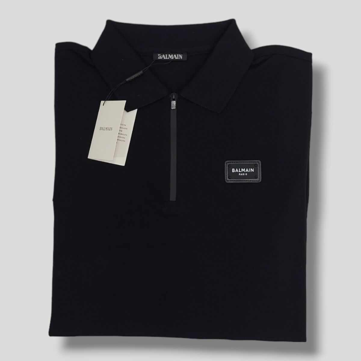 RRP $460 BALMAIN Polo Shirt Leather Logo Zip Black 100