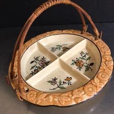 VTG Japan 4 Sectioned Dish Bamboo Handle Tidbit Black Flower Mark Hand Painted
