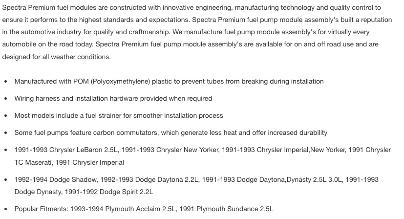 Spectra Premium SP113 Fuel Pump Assembly For 93-94 Plymouth Acclaim - Image 2 of 4