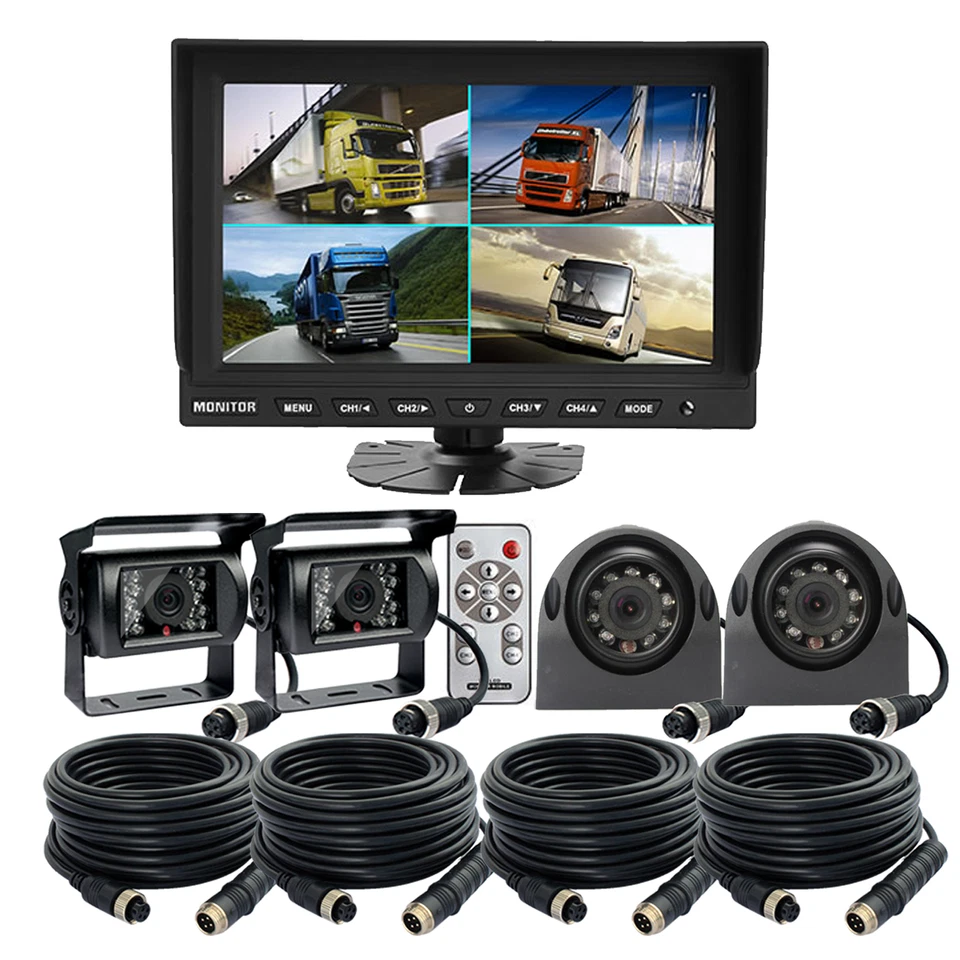 AHD 9" Quad Monitor Split Screen 4 Pin 4x Ir Ccd Side Rear View Camera For Truck - Image 2 of 4